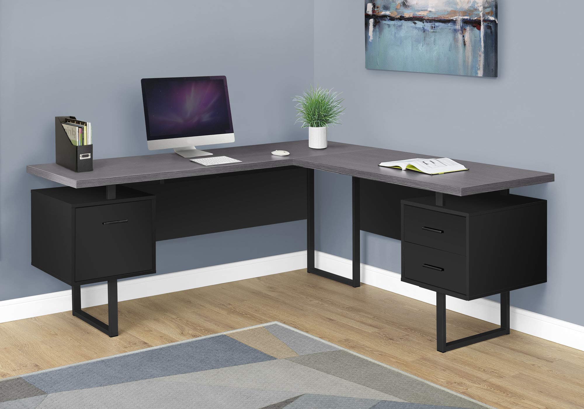 Monarch Specialties 7432 Computer Desk, Home Office, Corner, Left, Right Set-Up, Storage Drawers, 70&quot; L, L Shape, Work, Laptop, Metal, Laminate, Desk-70 L Black Grey Top Facing, 71&quot; L X 71&quot; W X 30&quot; H