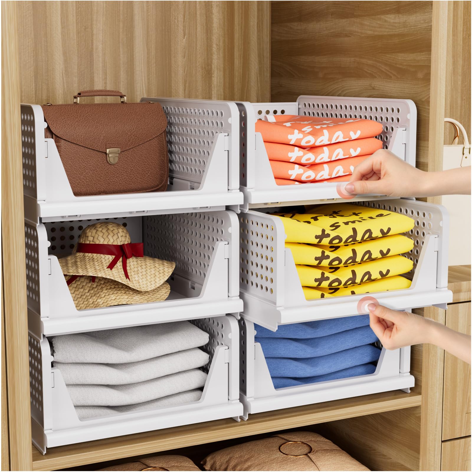CTSNSLH 5 Pack Closet Organizers Storage Box, Closet Storage Stackable Storage Bins, Plastic Drawer Basket for Wardrobe Cupboard