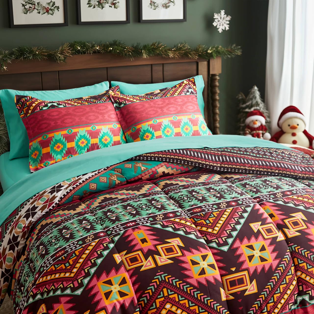 Flysheep Boho Bed In A Bag 6 Pieces Twin Size, Colorful Bohemian Tribal Comforter Set With Teal Sheet Set For All Season(1 Comfo