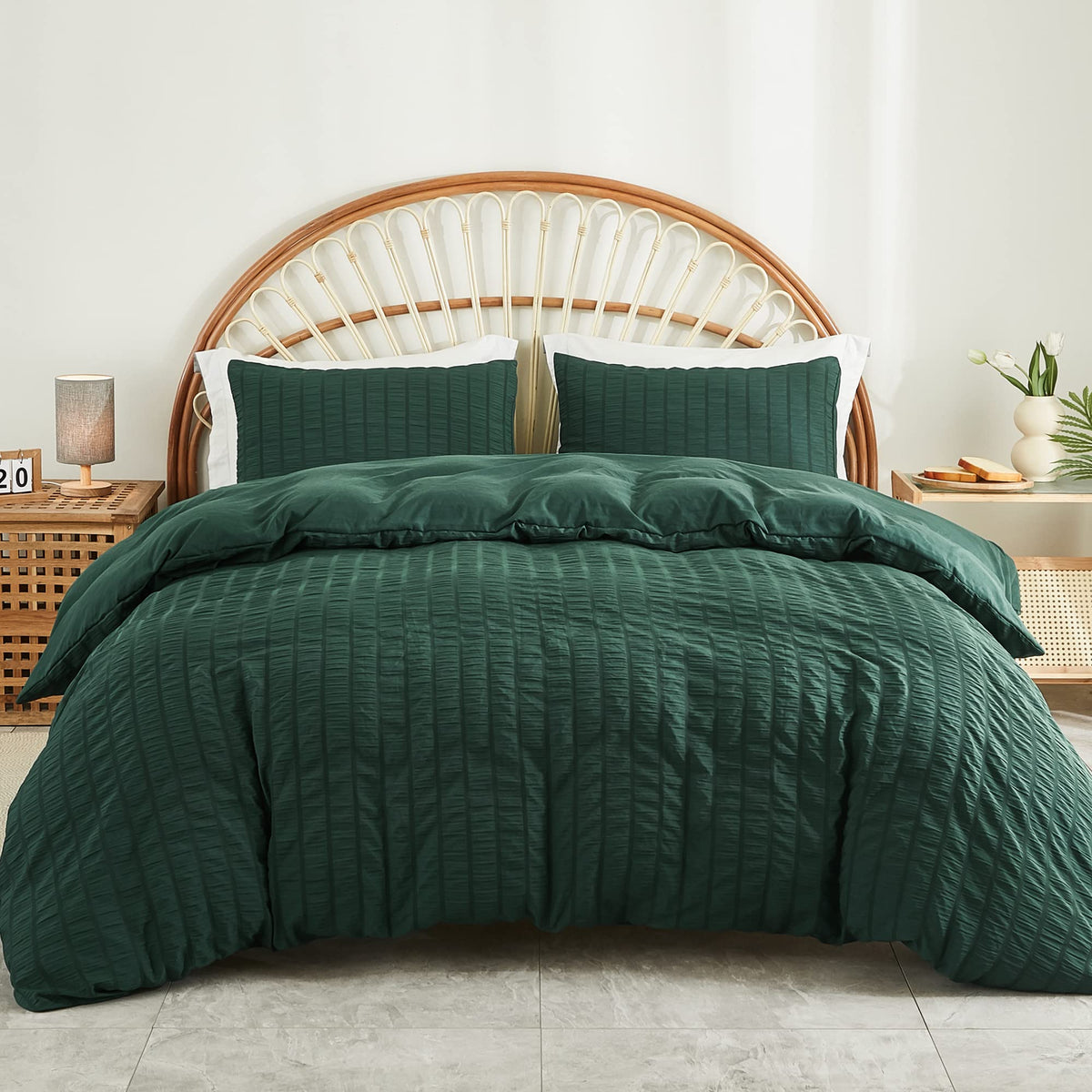 Avelom Dark Green Seersucker Duvet Cover Set Queen Size (90 X 90 Inches), 3 Pieces (1 Duvet Cover + 2 Pillow Cases), Ultra Soft