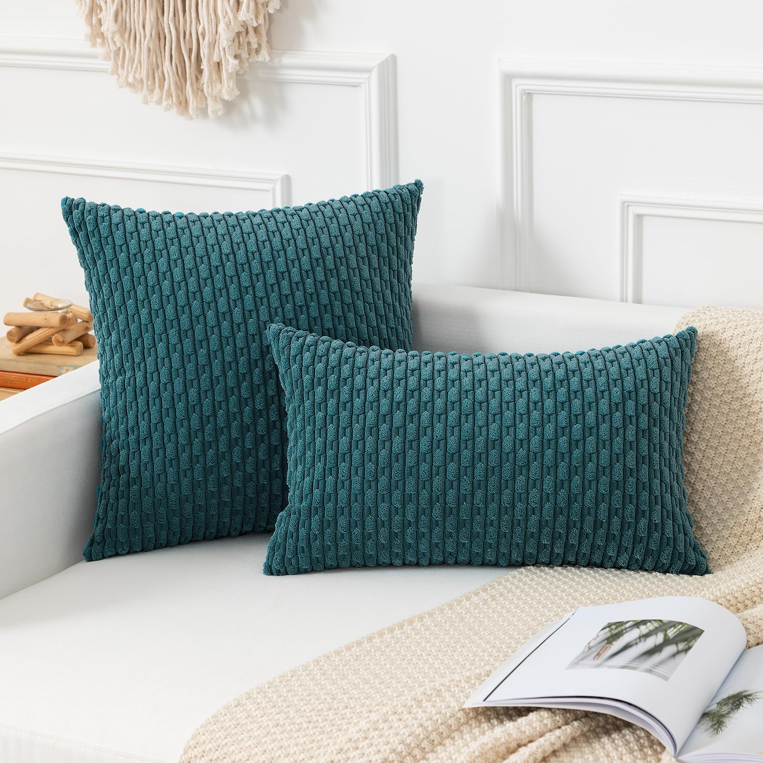Kevin Textile Throw Pillow Covers Soft Corduroy Decorative Set Of 2 Boho Striped Pillow Covers Pillowcases Farmhouse Home Decor For Couch Bed Sofa Living Room 18X18 Inch Teal Blue