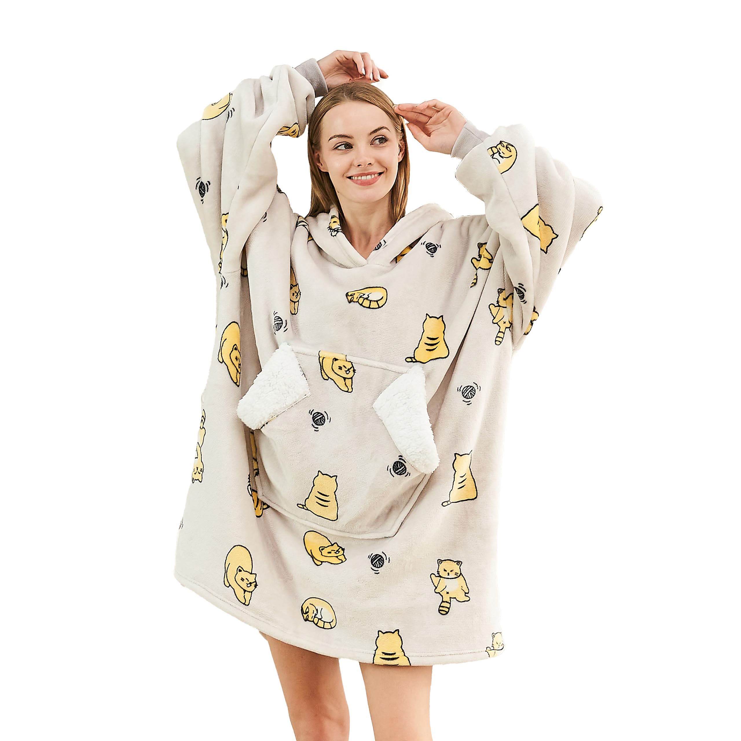 Ramees Wearable Blanket Hoodie, Oversized Sherpa Fleece Sweatshirt Blanket With Sleeves And Pockets (Cat)