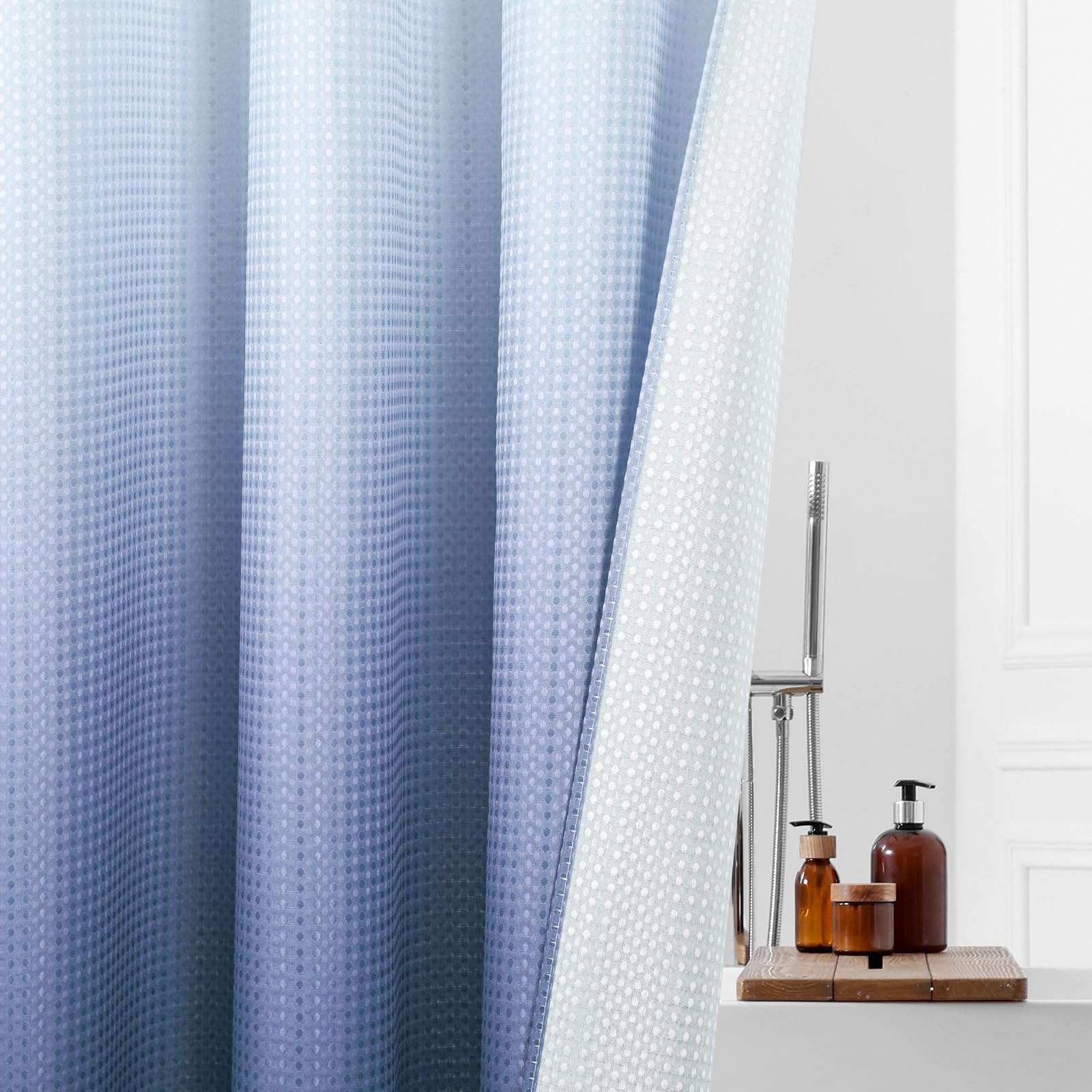 Mitovilla No Hooks Required Navy Blue Shower Curtain With Snap-In Liner, Modern Blue Ombre Waffle Weave Heavy Duty Fabric Shower
