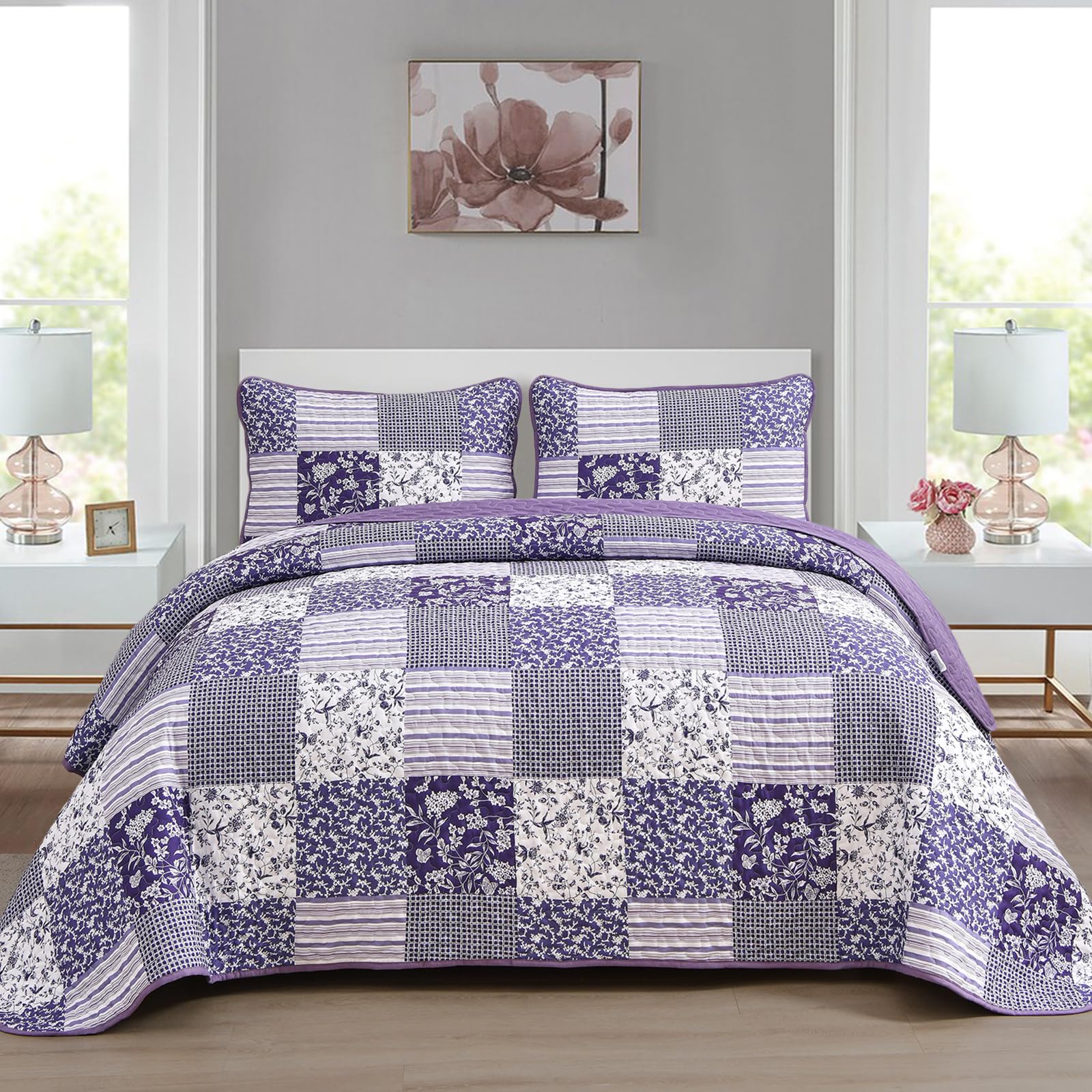 Mybedsoul Purple Quilt Set California King Size, 3 Pieces Boho Plaid Floral Bedspread Set Microfiber Lightweight Bohemian Beddin