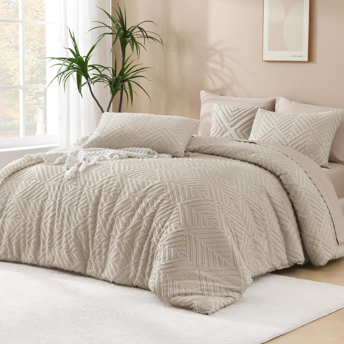 Andency Oversized King Comforter 128 ' 'X120 ' ', 3 Pieces Oatmeal Boho Bedding Set & Collections, All Season Soft Farmhouse Tuf