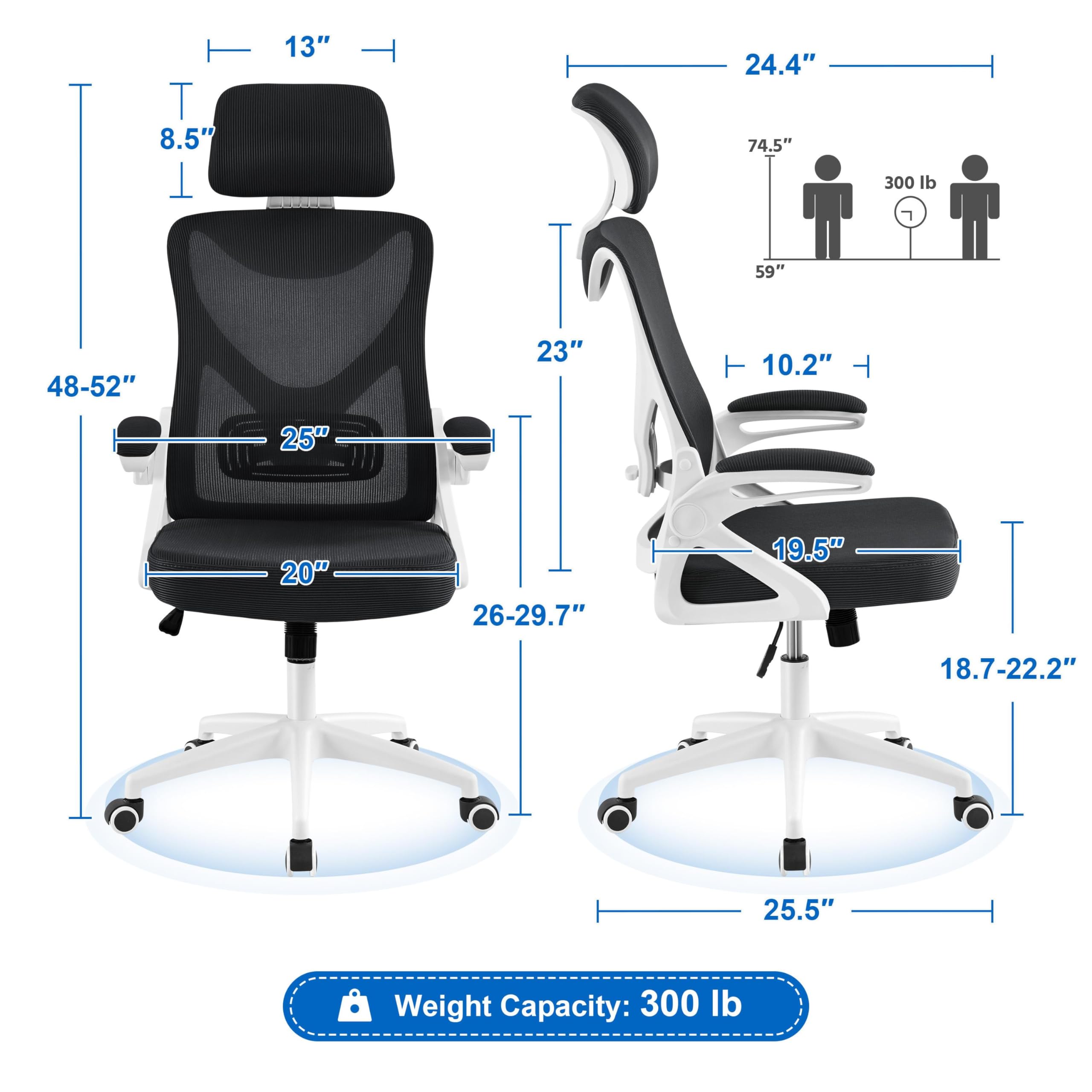 Yaheetech Ergonomic Mesh Office Chair, High Back Desk Chair With With Flip-Up Armrests, Adjustable Padded Headrest Computer Chair With Lumbar Support For Home Oiffce Game Room, White/Black