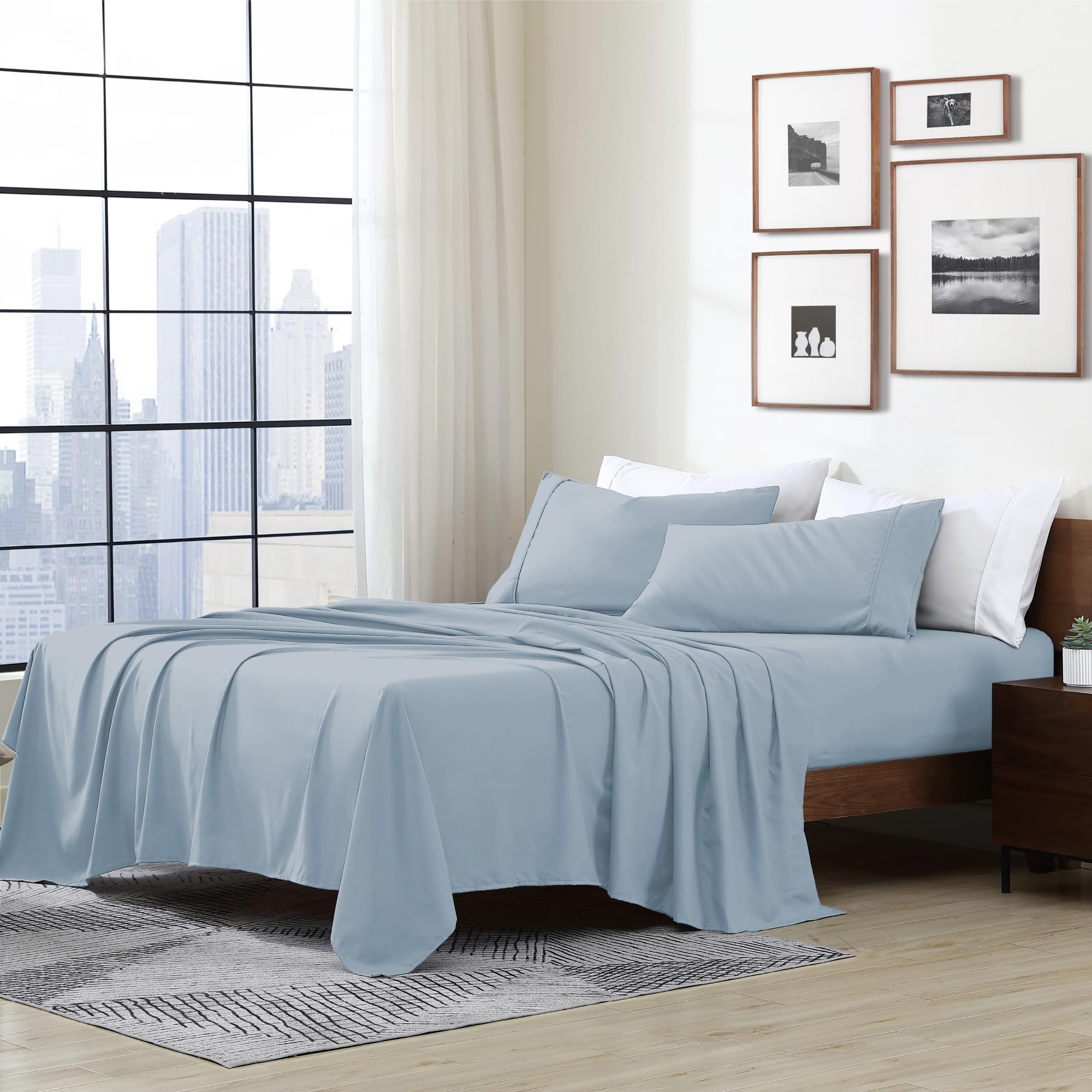 Cathay Home Essentials Ultra Soft Hypoallergenic Wrinkle Resistant Double Brushed Microfiber Bedding Sheet Set, Blue Fog, Twin X
