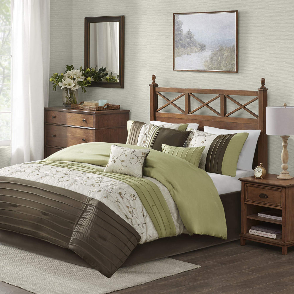 Madison Park Serene Faux Silk Comforter Set - Floral Embroidery Design, All Season Bedding Set, Matching Bed Skirt, Decorative Pillows, Green King(104'X92') 7 Piece