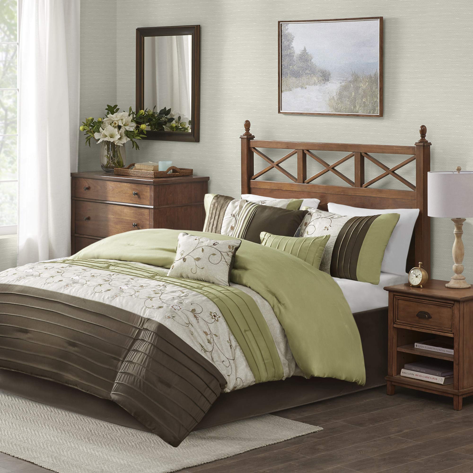 Madison Park Serene Faux Silk Comforter Set - Floral Embroidery Design, All Season Bedding Set, Matching Bed Skirt, Decorative Pillows, Green King(104'X92') 7 Piece
