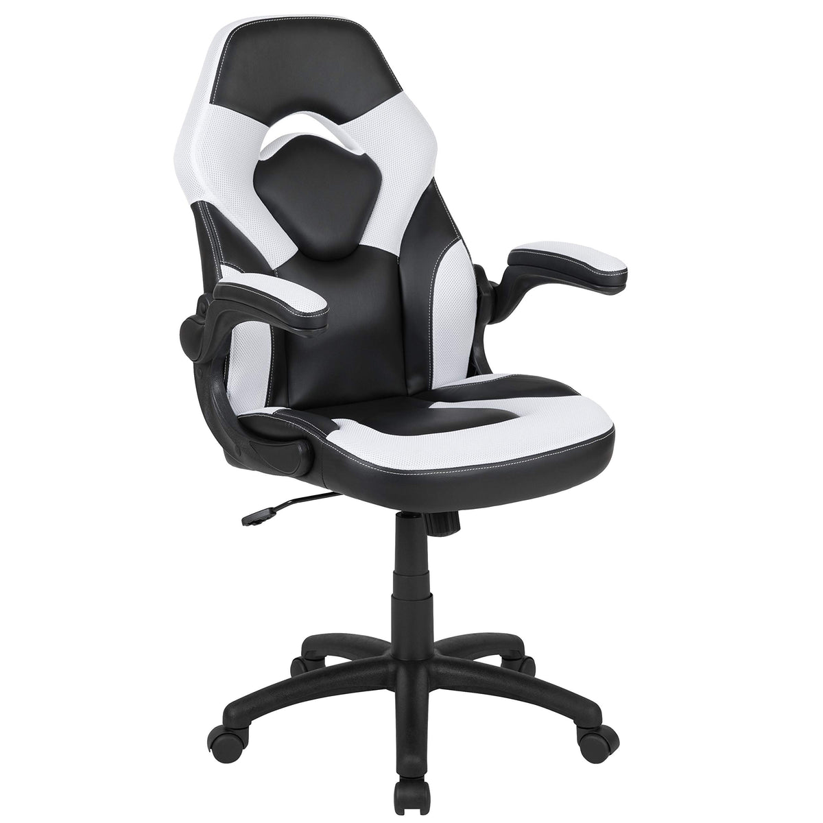 Flash Furniture X10 High-Back Leathersoft Racing Style Gaming Chair With Flip-Up Arms, Ergonomic Padded Swivel Computer Chair, White/Black