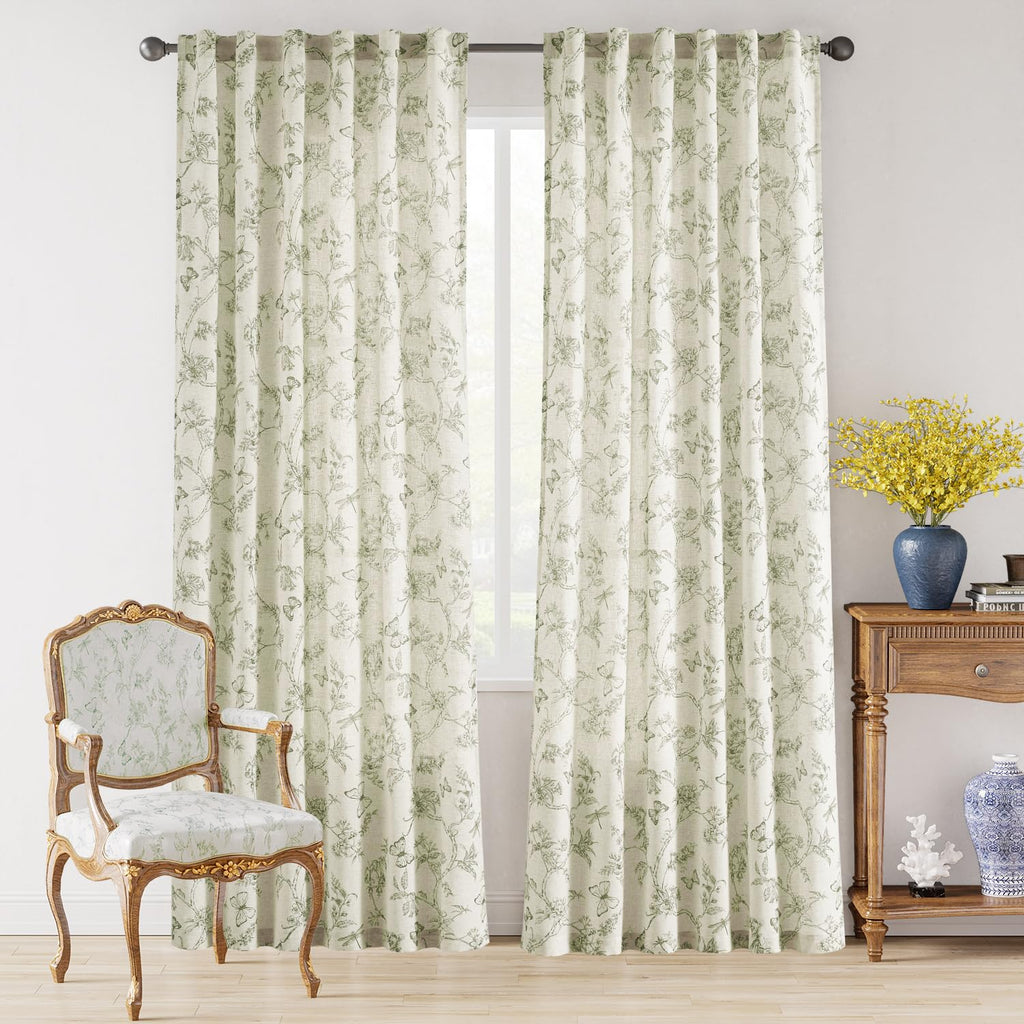 Lazzzy Linen Green Floral Curtains 90 Inch Length Farmhouse Curtain Back Tab Drapes For Living Room Bedroom Light Filtering Vint