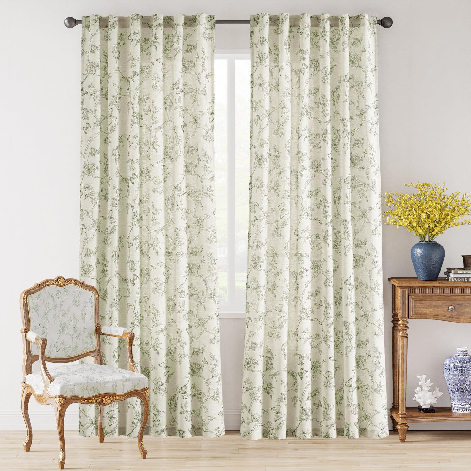 Lazzzy Linen Green Floral Curtains 90 Inch Length Farmhouse Curtain Back Tab Drapes For Living Room Bedroom Light Filtering Vint