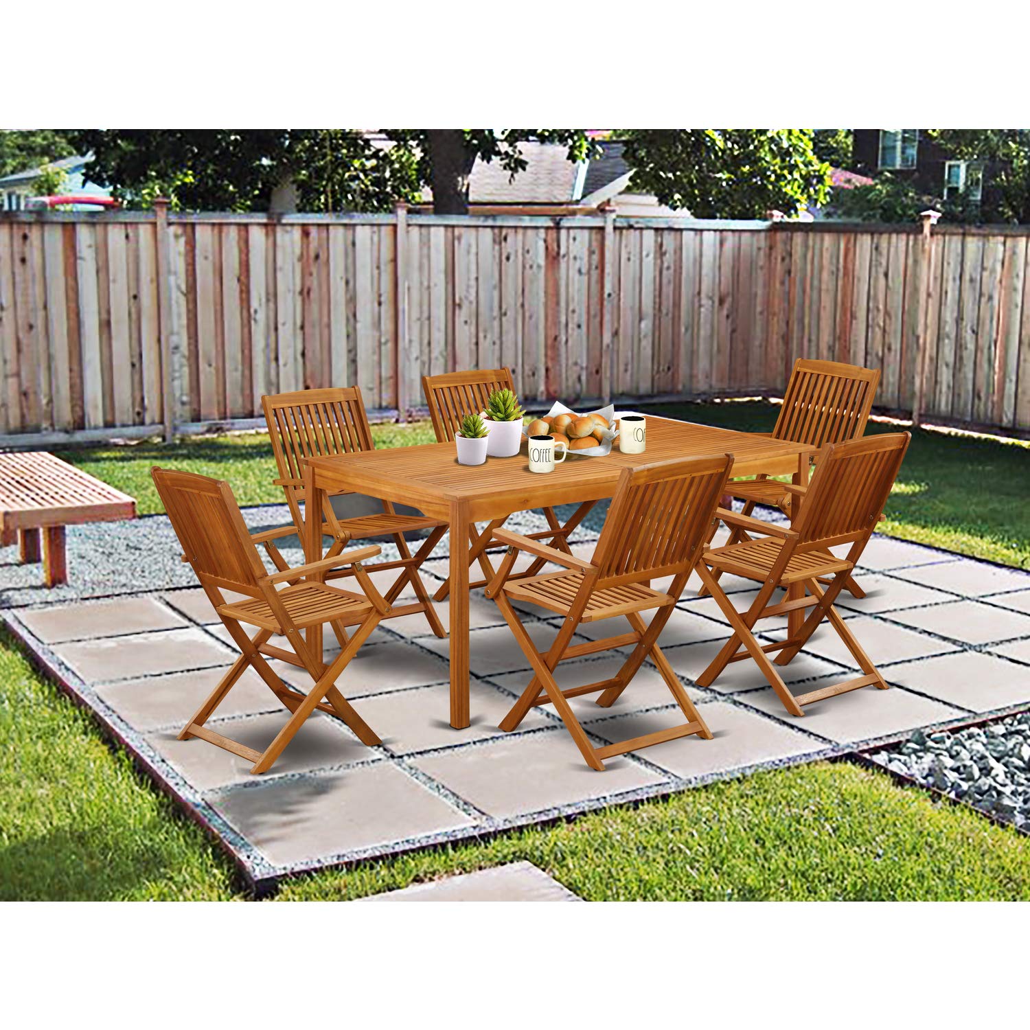 East West Furniture Cmcm7Cana Cameron 7 Piece Patio Garden Set Consist Of A Rectangle Outdoor Acacia Wood Dining Table And 6 Folding Arm Chairs, 36X66 Inch, Natural Oil