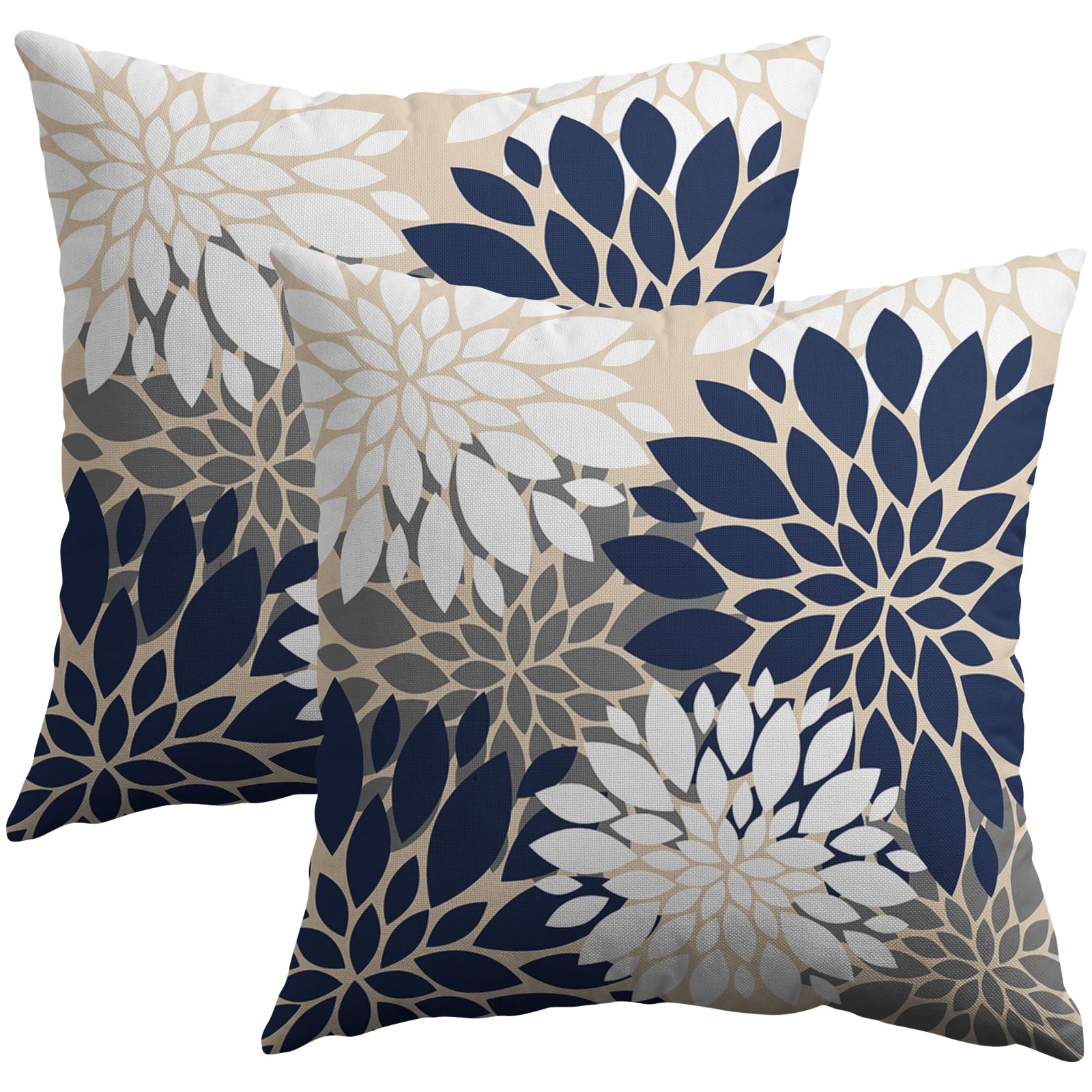 Smozenith Navy White Grey Gray Pillow Covers 16X16 Inch Set Of 2, Summer Modern Geometry Dahlia Floral Print Decorative Throw Pi