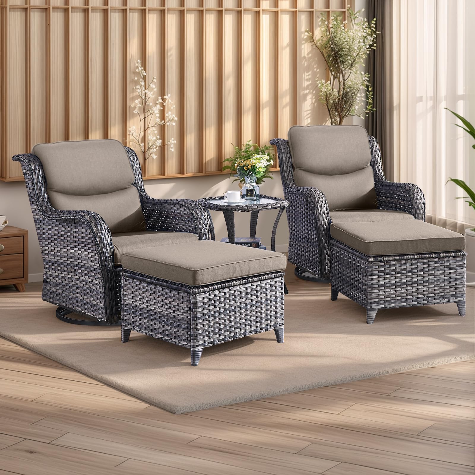 Rilyson Wicker Patio Furniture Set - 5 Piece Rattan Outdoor Sectional Conversation Sets With 2 Swivel Rocking Chairs,2 Ottomans