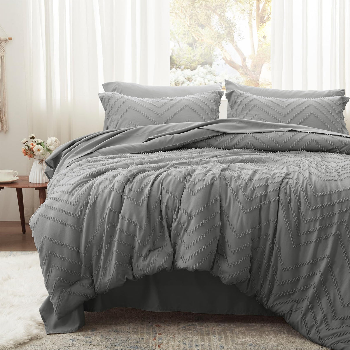 Anluoer Twin Comforter Set, Grey Tufted Bed In A Bag 5 Pieces With Comforters And Sheets, All Season Bedding Sets With 1 Comfort