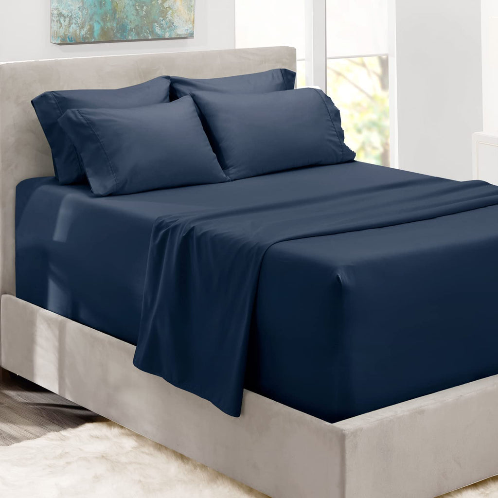 Hearth & Harbor Bed Linen Set - King Size, 6 Piece, Navy Blue, Microfiber, Extra Deep Pocket, 18-24 Inches Mattress Depth