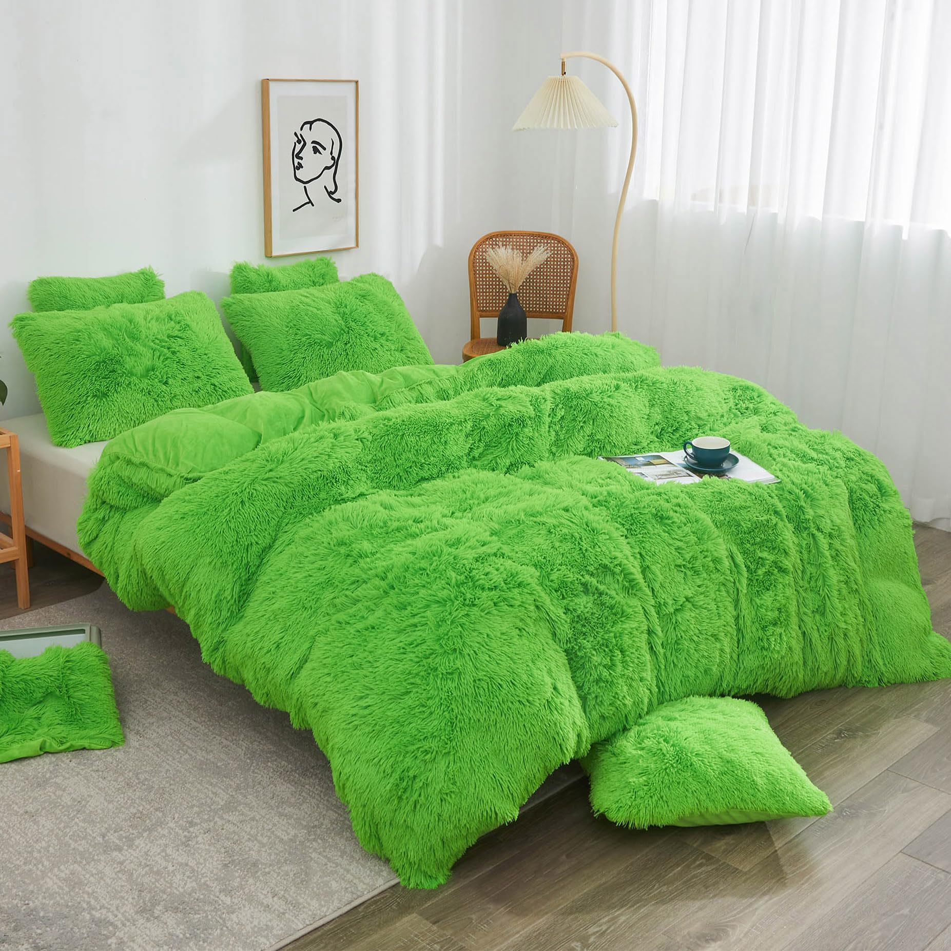 Xege Plush Faux Fur Duvet Cover King Size, Luxury Shaggy Fluffy Lime Green Comforter Cover 1 Pc, Soft Furry Fuzzy Velvet Bedding