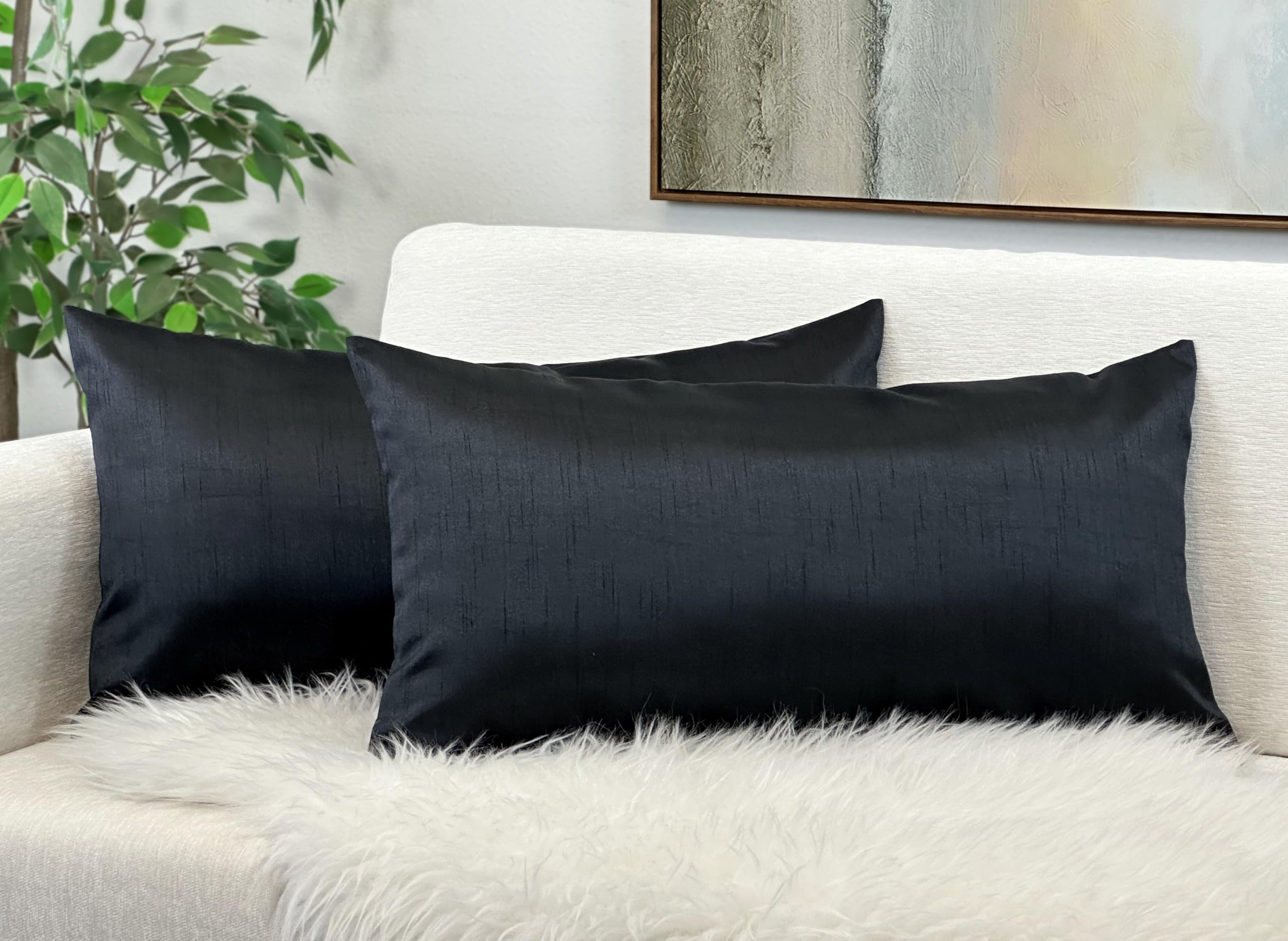 Aiking Home 12X24 Inches Faux Silk Rectangular Throw Pillow Cover, Zipper Closure, Black (Set Of 2)