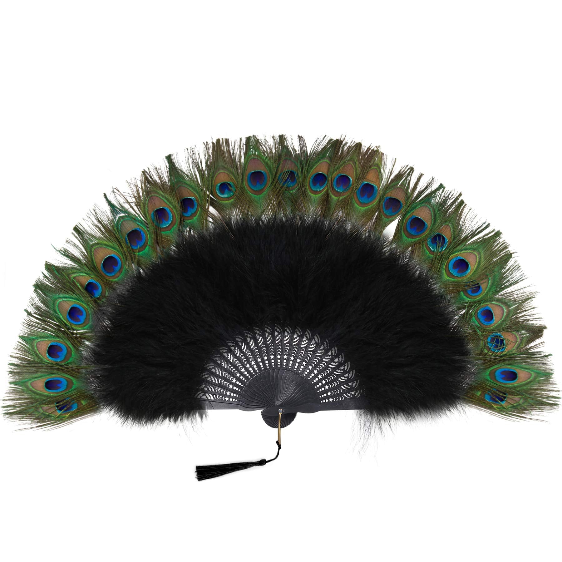 BABEYOND Roaring 20s Vintage Style Peacock & Black Marabou Feather Fan Flapper Accessories (Green & Purple-White Rib)