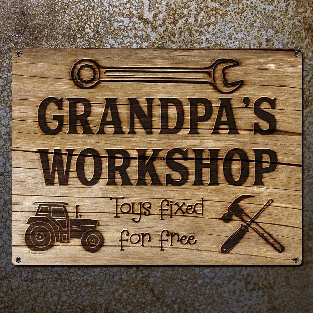 Grandpas Workshop Toys Fixed For Free, 8.5 X 11.5 Inch Aluminum Sign, Vintage Workshop And Garage Signs Wall Decor, Gifts For Pa