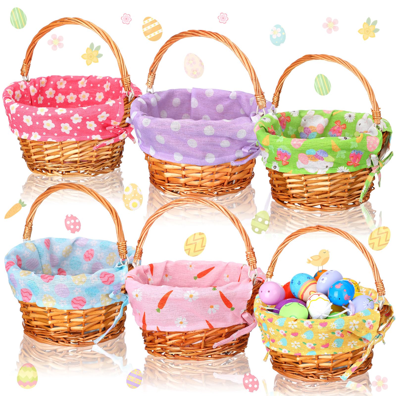 Cinnvoice 6 Pcs Woven Easter Baskets with Handle and Liner Easter Eggs Hunt Wicker Baskets Bulk Empty for Picnic Party Rattan Gi