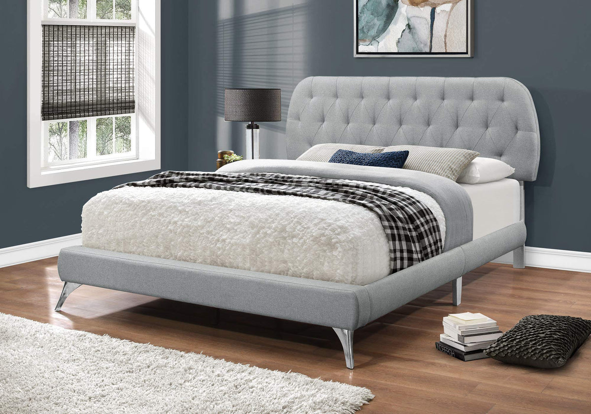 HomeRoots Foam,MDF, Solid Wood,Linen Bed - Queen Size/Grey Linen with Chrome Legs