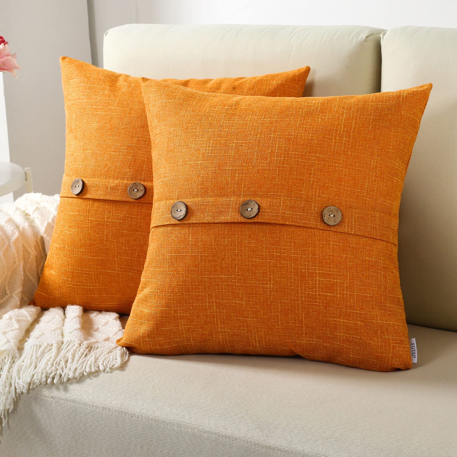Futei Orange Linen Decorative Throw Pillow Covers 26X26 Inch Set Of 2, Square Euro Shams Cushion Case With Vintage Button/Zipper