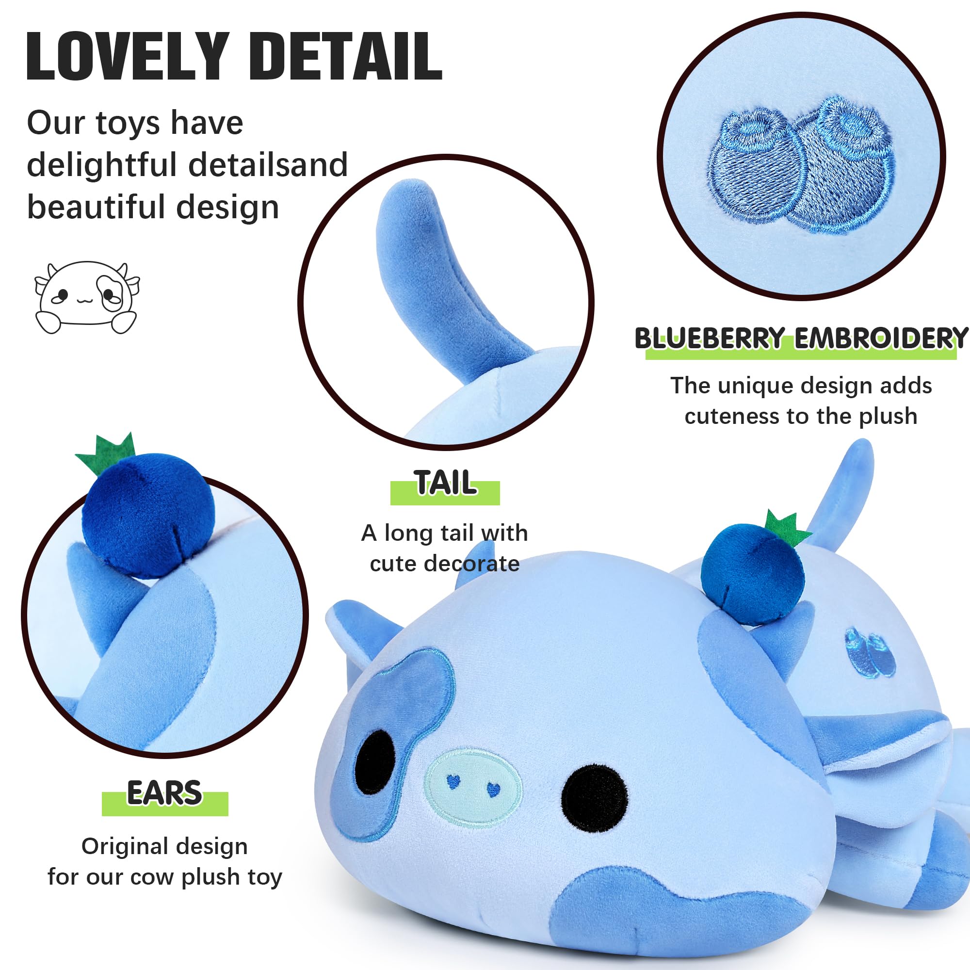 Onsoyours Cute Cow Plushie, Soft Stuffed Blueberry Cow Squishy Plush Animal Toy Pillow For Kids (Blueberry Cow, 9')