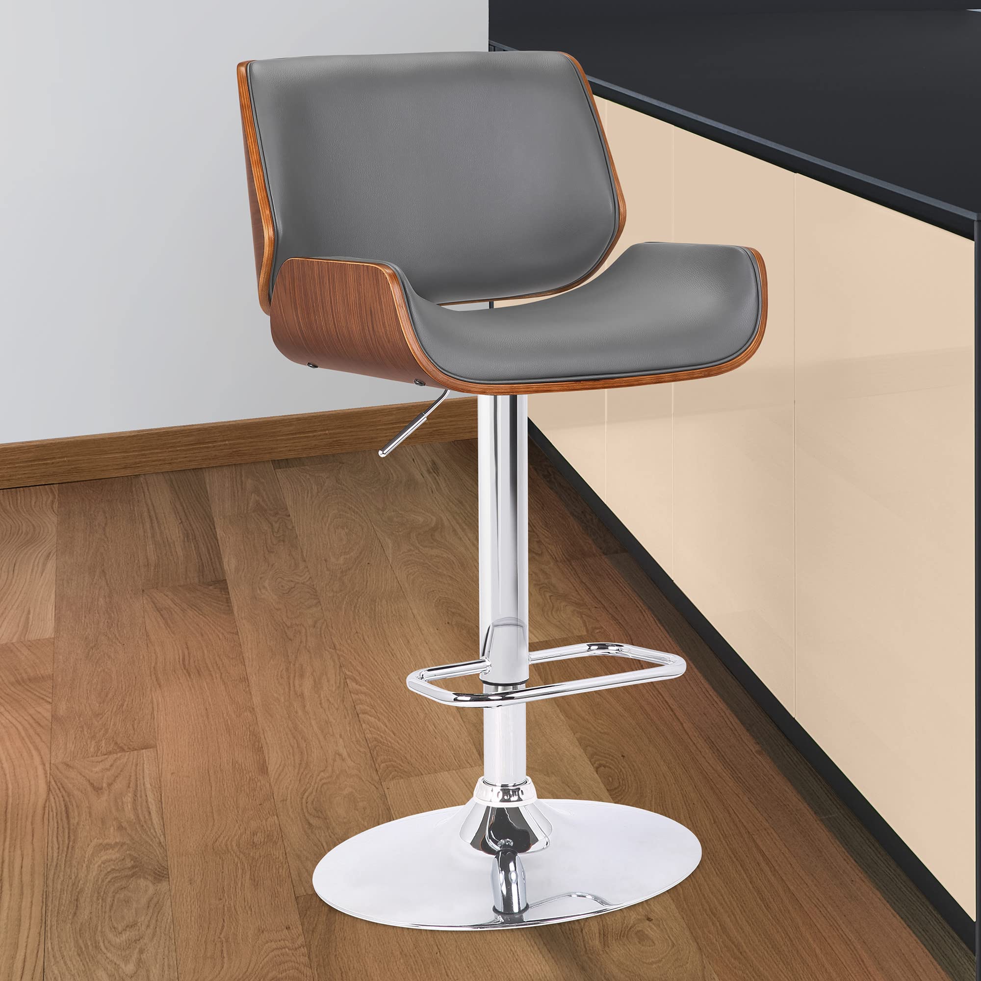 HomeRoots Walnut Veneer, Chrome, Faux Leather Gray Upholstered Chrome Base Adjustable Bar Stool