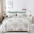 WONGS BEDDING Botanical Comforter Set Full, 7 Pieces Floral Reversible Bed in a Bag Green Leaves Bedding Set Soft Microfiber Ful