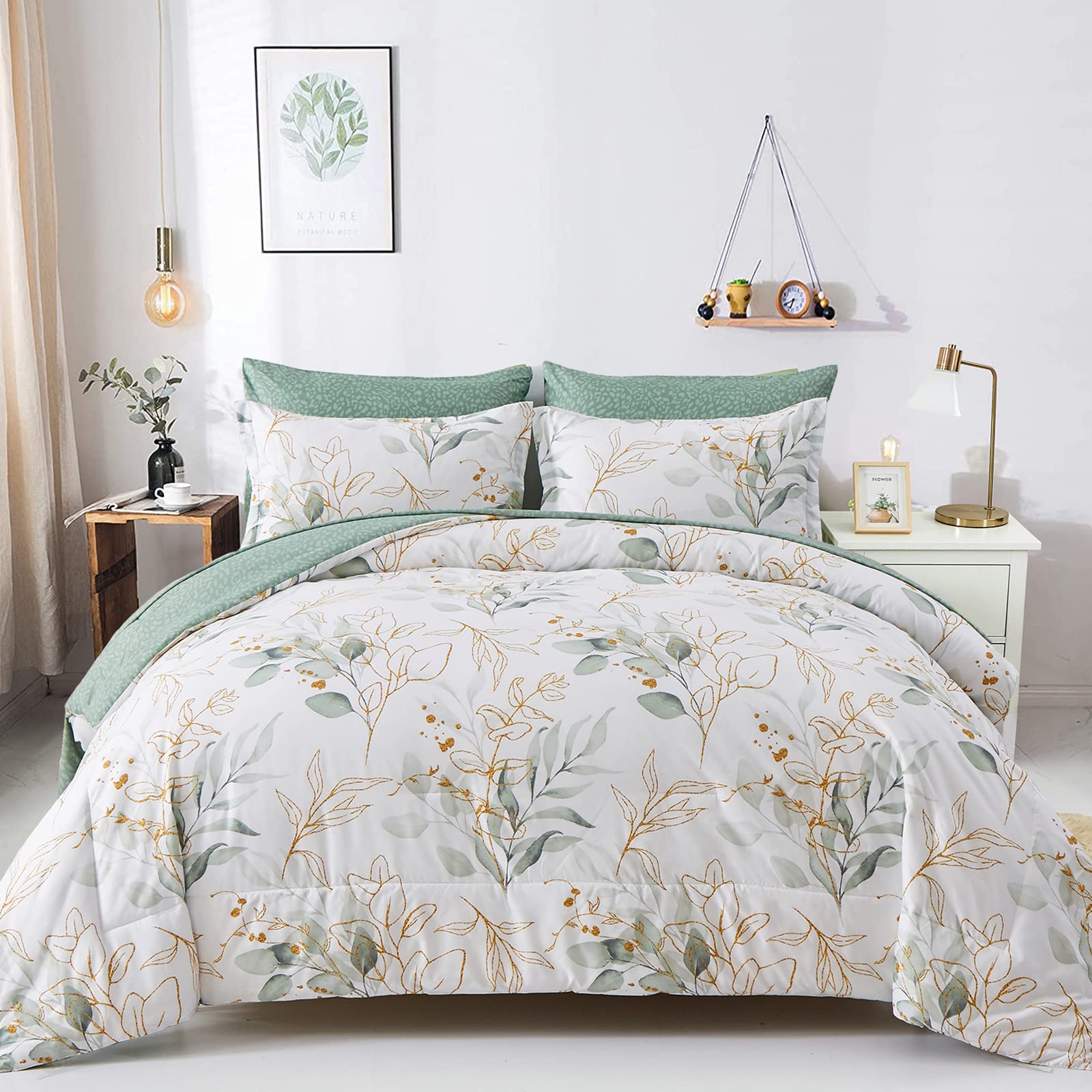 WONGS BEDDING Botanical Comforter Set Full, 7 Pieces Floral Reversible Bed in a Bag Green Leaves Bedding Set Soft Microfiber Ful