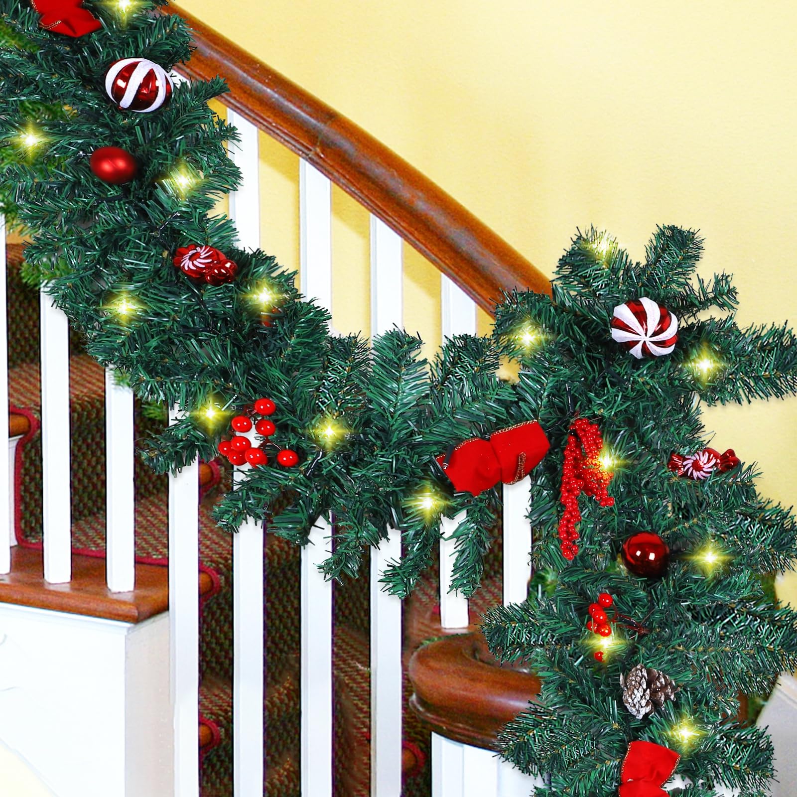 MorTime 2 Pack 9 FT LED Christmas Garland with Pinecones Red Berries Bows Christmas Balls Candies, Multi-Function Christmas Garl