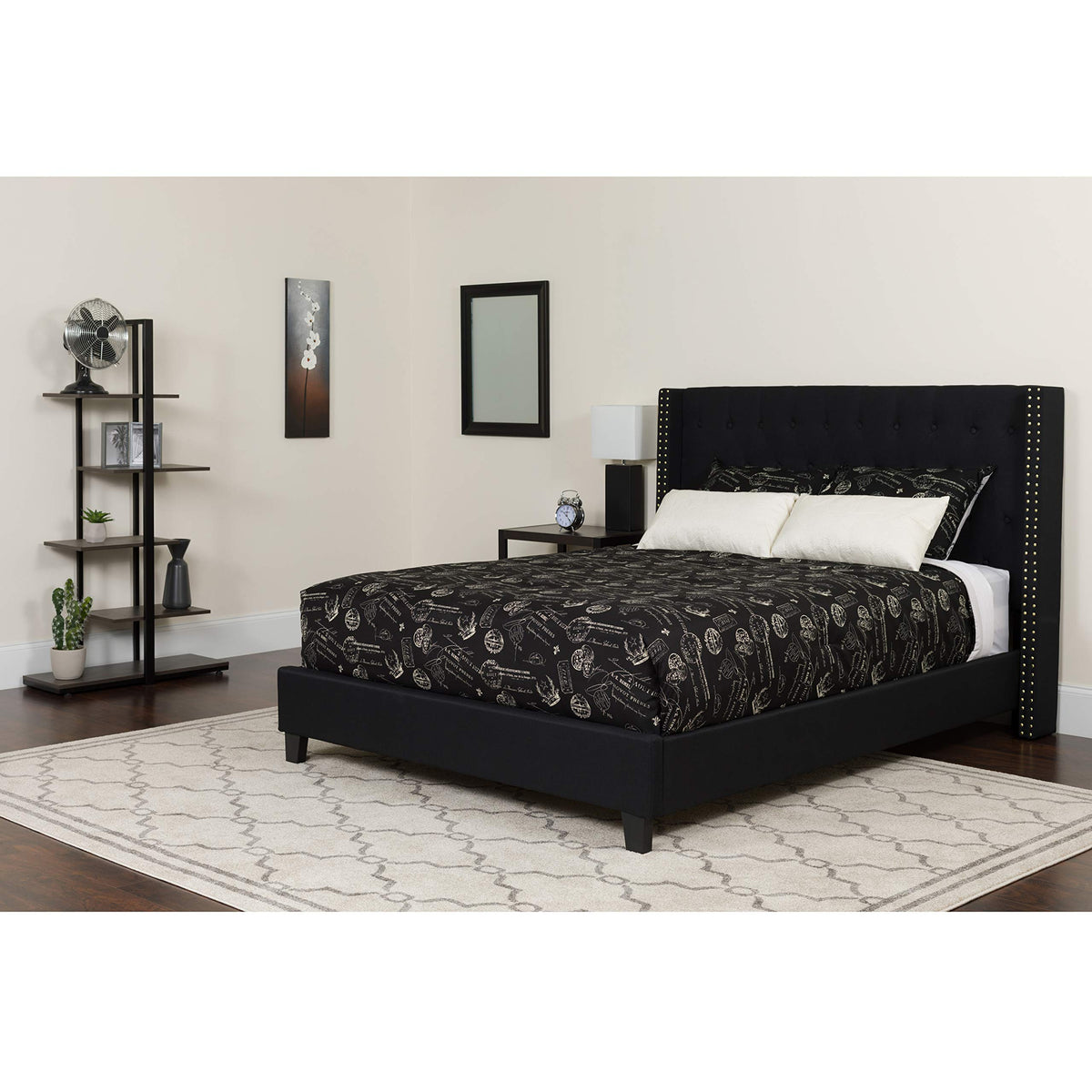 Flash Furniture Riverdale Queen Size Tufted Upholstered Platform Bed In Black Fabric With Pocket Spring Mattress