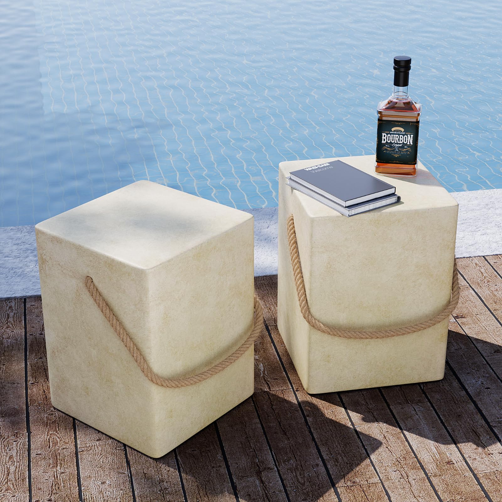 Sunbury Outdoor Side Table Set Of 2, 2 Pieces Concrete Side Table For Patio,18'H Small Outdoor Accent Table W Hemp Rope, Patio Side Table End Table Warm Gray, Ceramic Side Table Garden Stool Log Table
