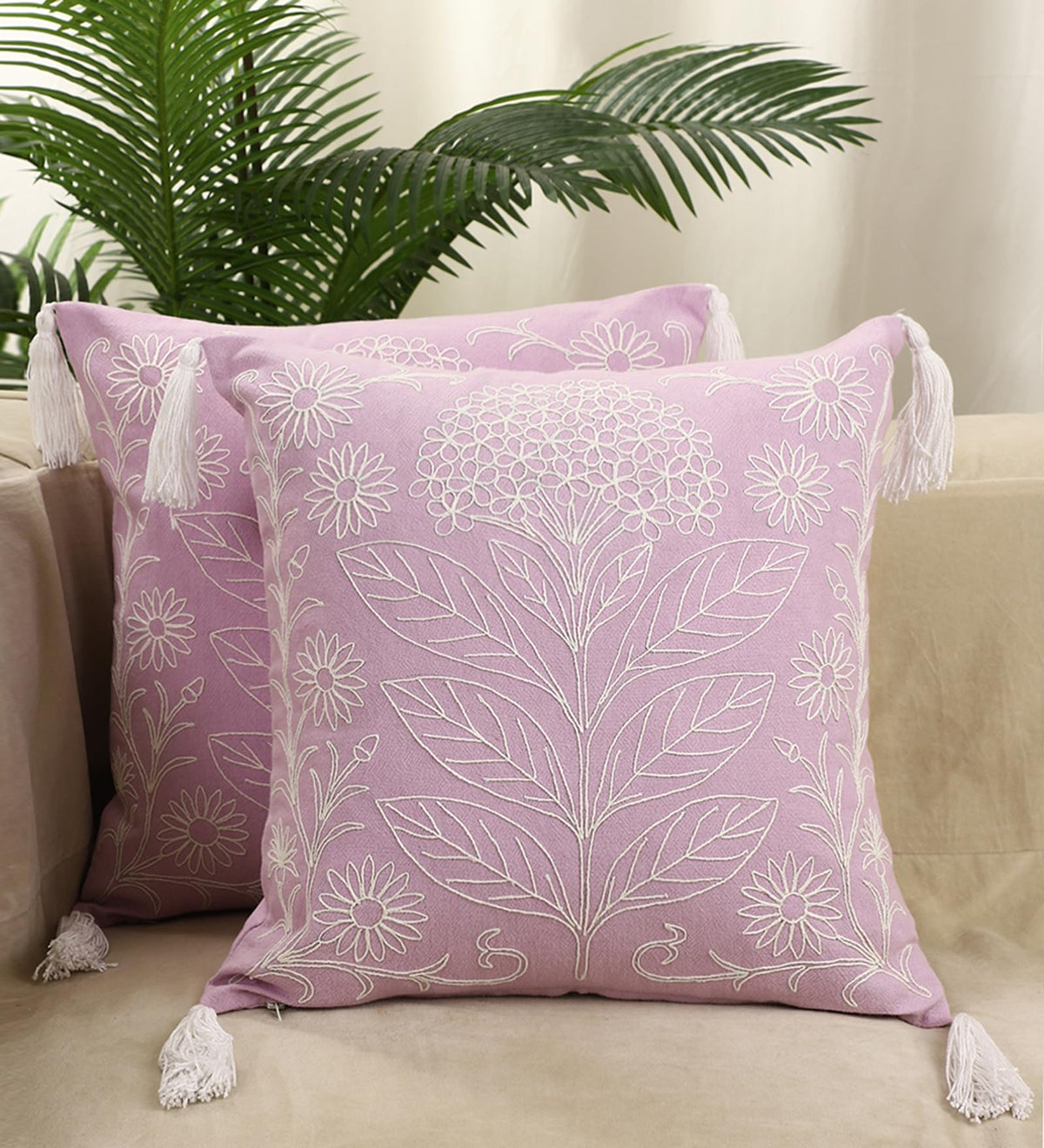 Jamio Firati Embroidered Floral Throw Pillow Cover, Sage Purple With White Tassels, Decorative Cushion Cover