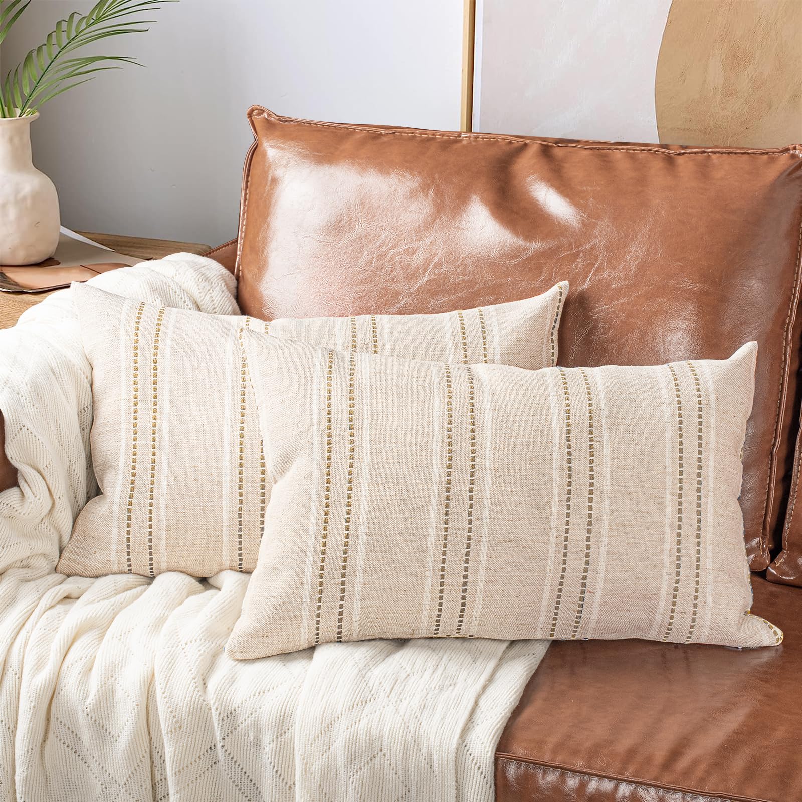Aels 12X20 Decorative Farmhouse Linen Throw Pillow Covers, Boho Textured Pillow Case, Set Of 2, Beige With White & Brown Stitch
