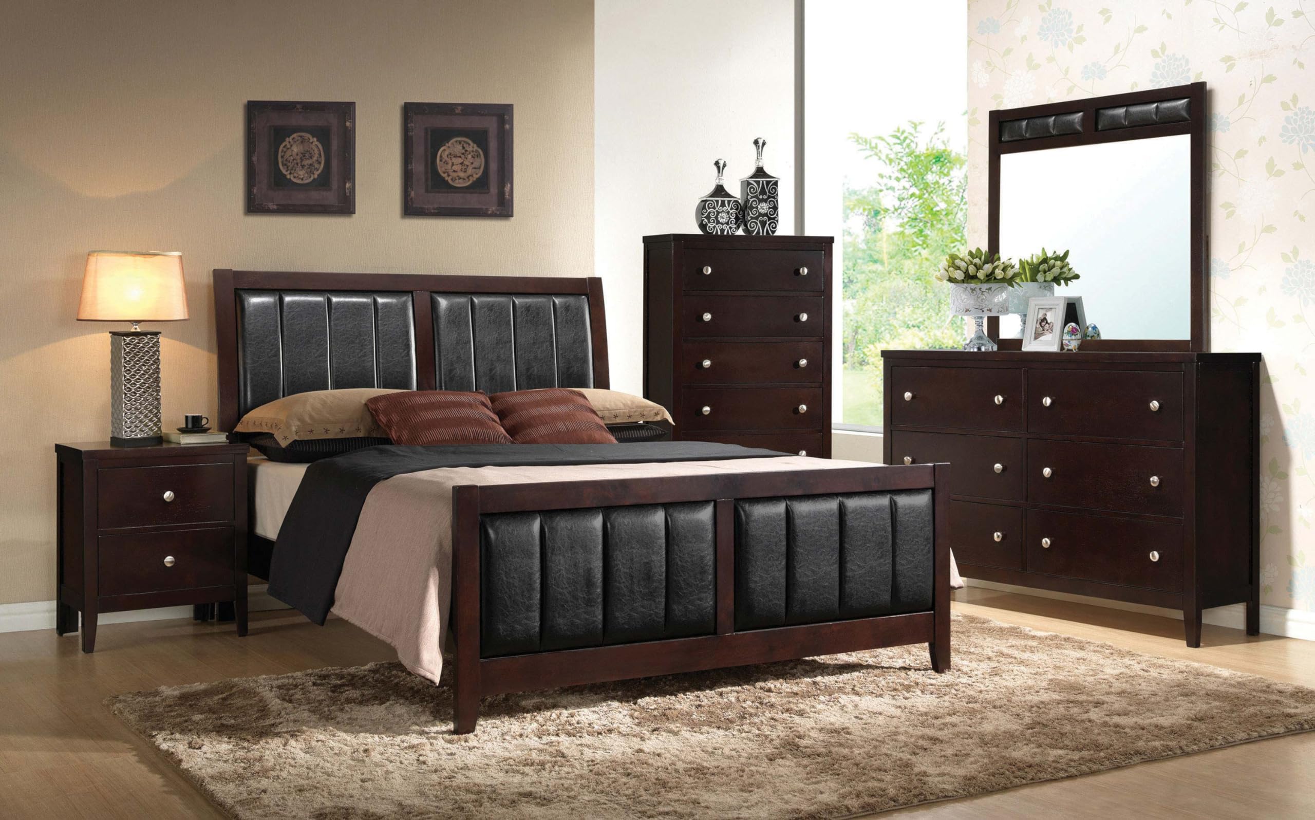 Coaster Home Furnishings Carlton Contemporary 4-Piece Bedroom Set Leatherette Upholstered Queen Size Panel Bed Frame 51-inch Headboard Cappuccino 202091Q-S4