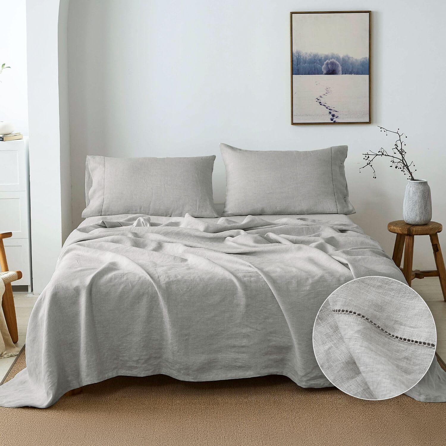 Simple&Opulence 100% French Linen Sheet Set Handmade Hemstitch Light Grey Full Size -4 Piece (1 Flat Sheet+1 Fitted Sheet+2 Pill
