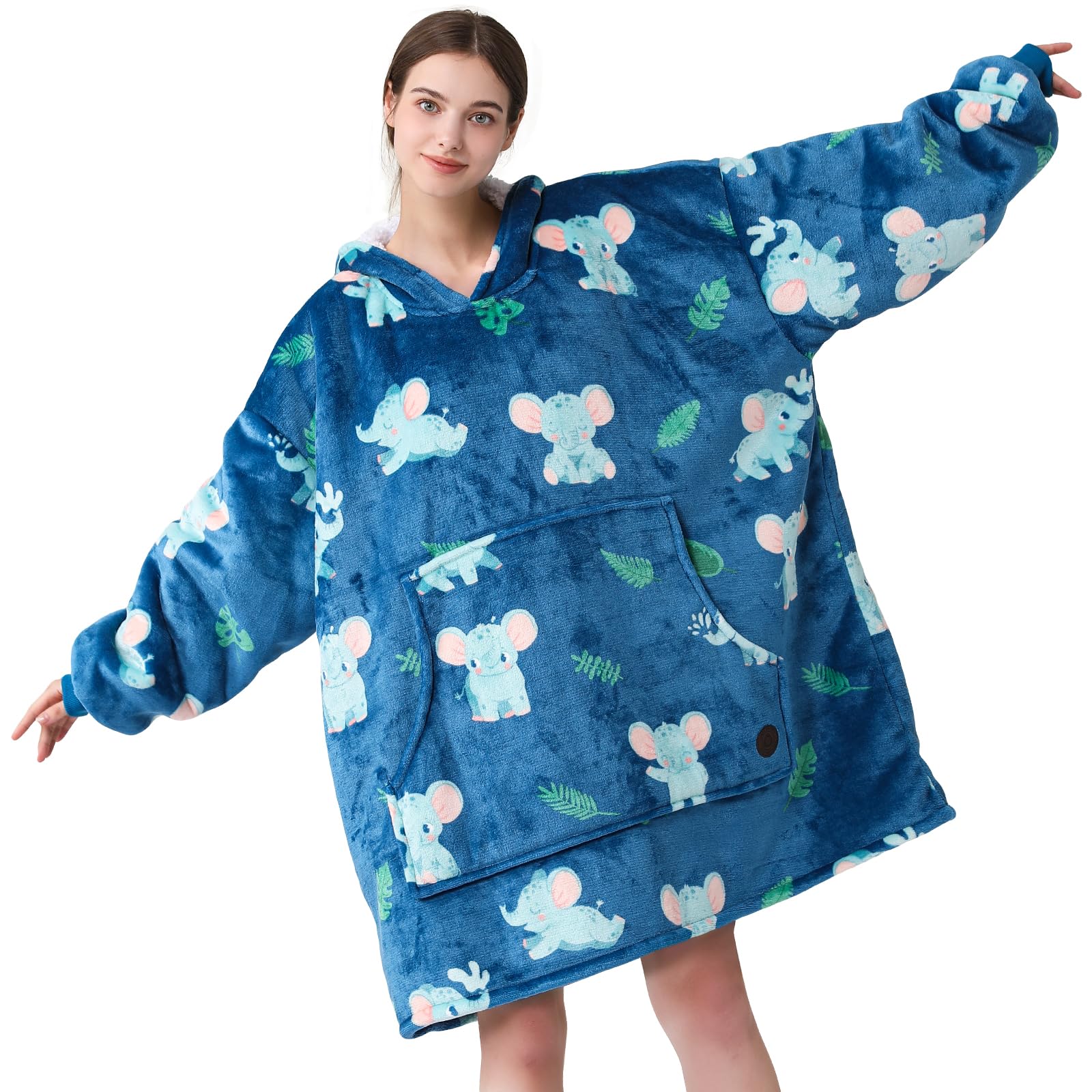 Three Poodle Wearable Blanket Hoodie For Women, Oversized Sherpa Sweatshirt Blanket For Adults Men, Warm Cozy Elephant Hooded Bl