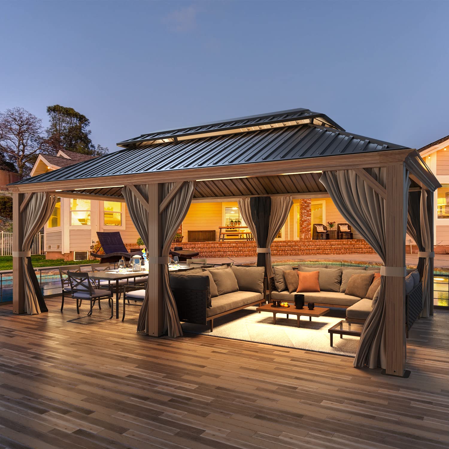 Erommy 12'X20' Hardtop Gazebo, Wooden Finish Coated Aluminum Frame Gazebo With Galvanized Steel Roof, Outdoor Metal Gazebos With