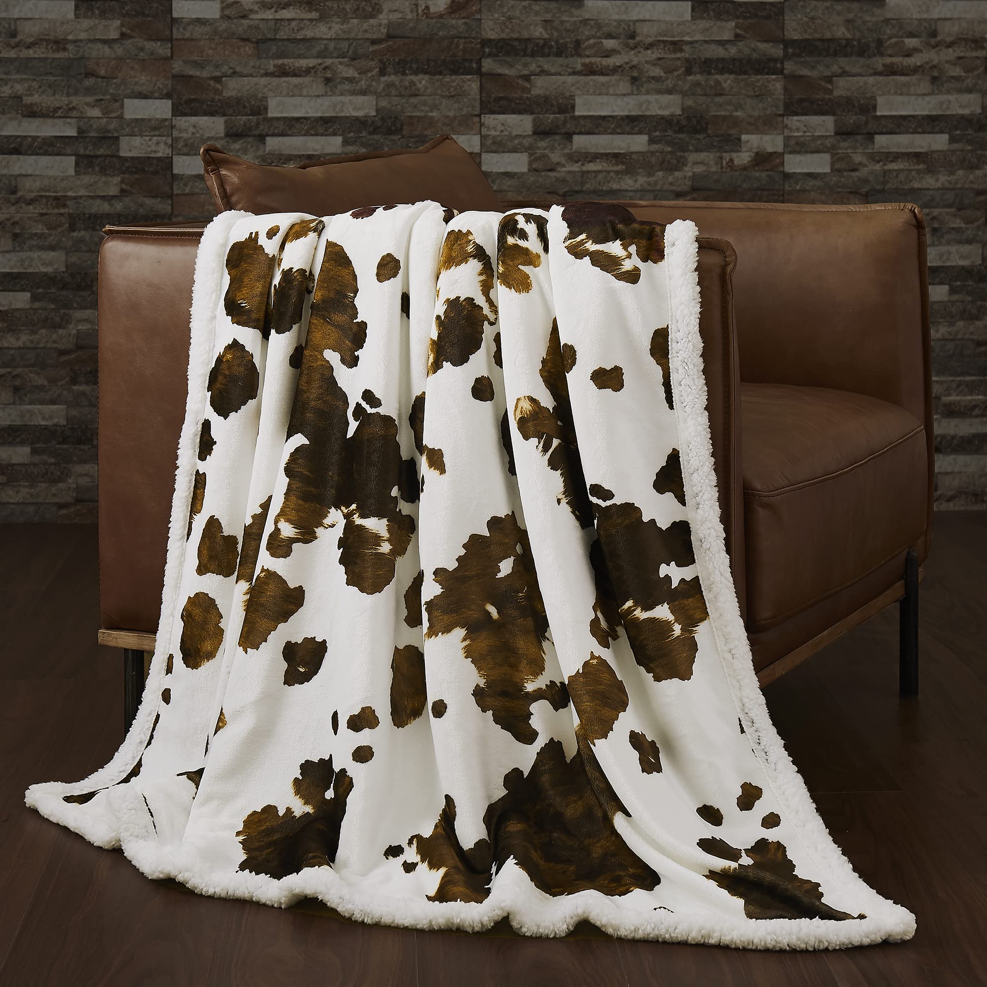 Indigo Hill By Hiend Accents Elsa Sherpa Cow Print Blanket, Brown Cowhide Pattern Rustic Western Throw Blankets For Camping Outd
