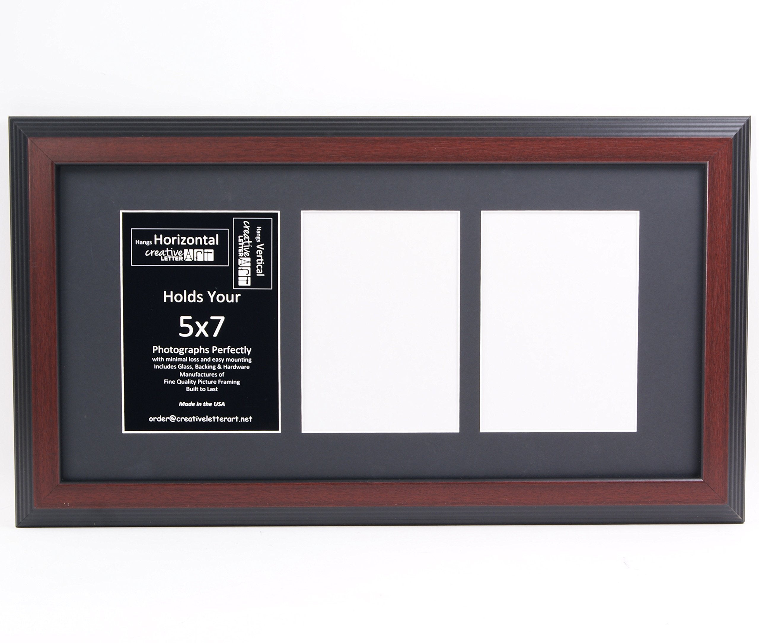 Creative Letter Art 3 Opening Mahogany Picture Frame with Glass to hold 5 by 7 inch Photographs including 10x20-inch Black Mat C