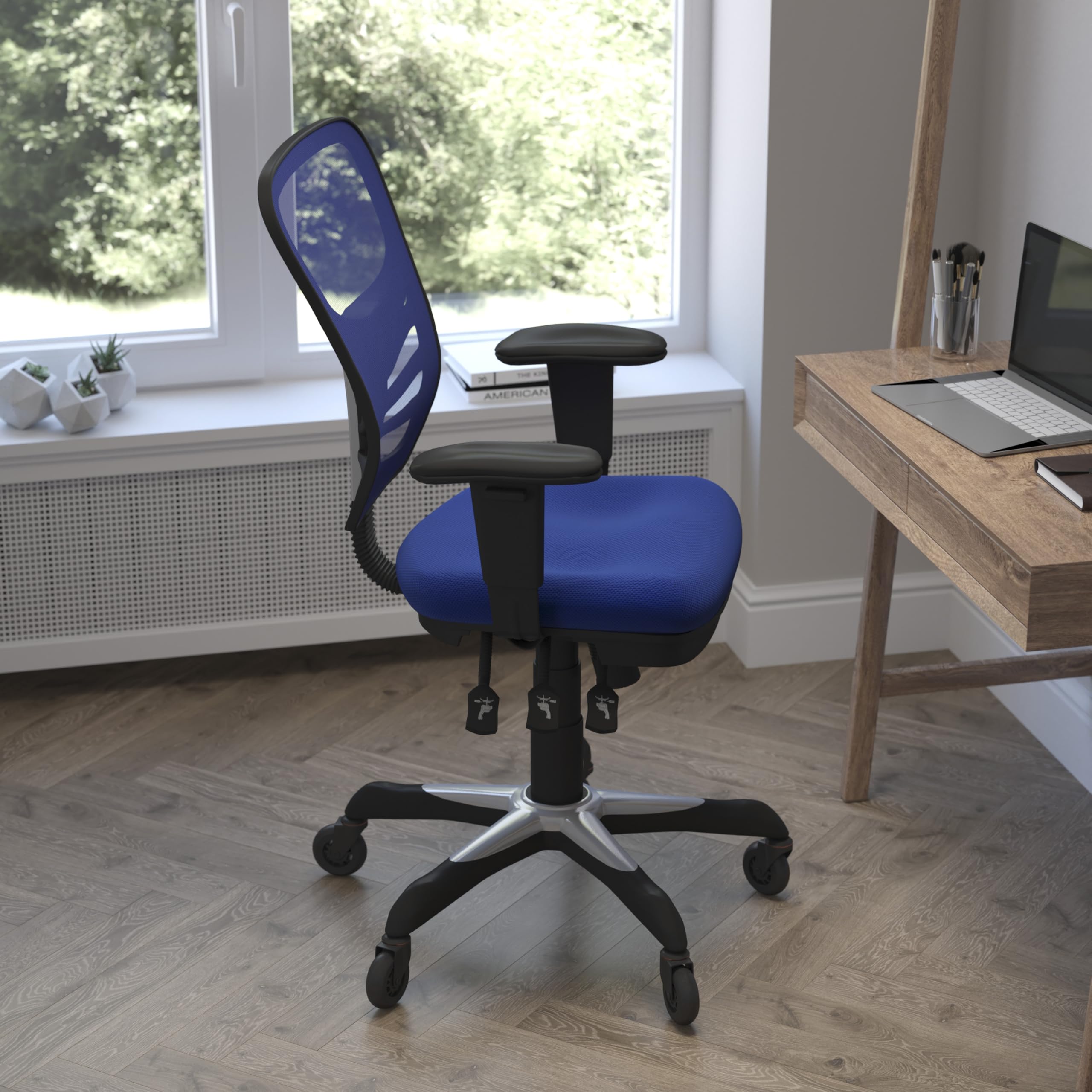 Flash Furniture Nicholas Mid-Back Blue Mesh Multifunction Executive Swivel Ergonomic Office Chair With Adjustable Arms And Transparent Roller Wheels
