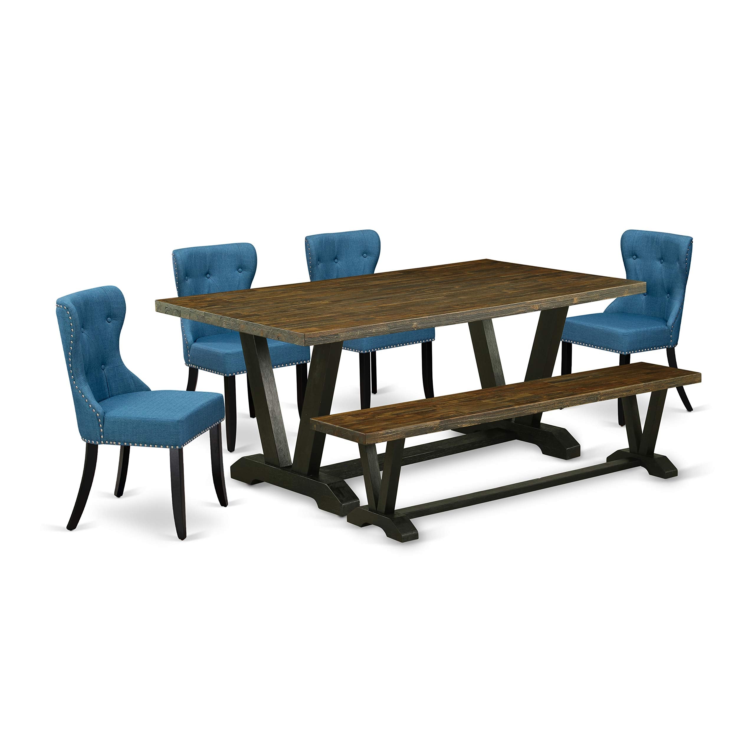 East West Furniture V-Style 6 Piece Kitchen Set Contains A Rectangle Wooden Table And 4 Blue Linen Fabric Parson Chairs With A Bench, 40X72 Inch, Multi-Color