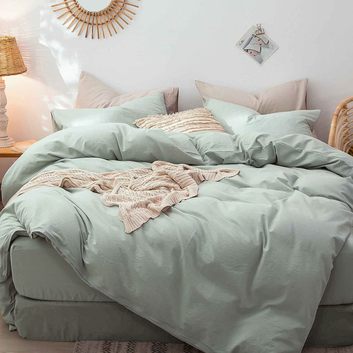 Moomee Bedding Duvet Cover Set 100% Washed Cotton Linen Like Textured Breathable Durable Soft Comfy (Sage Green, Full)