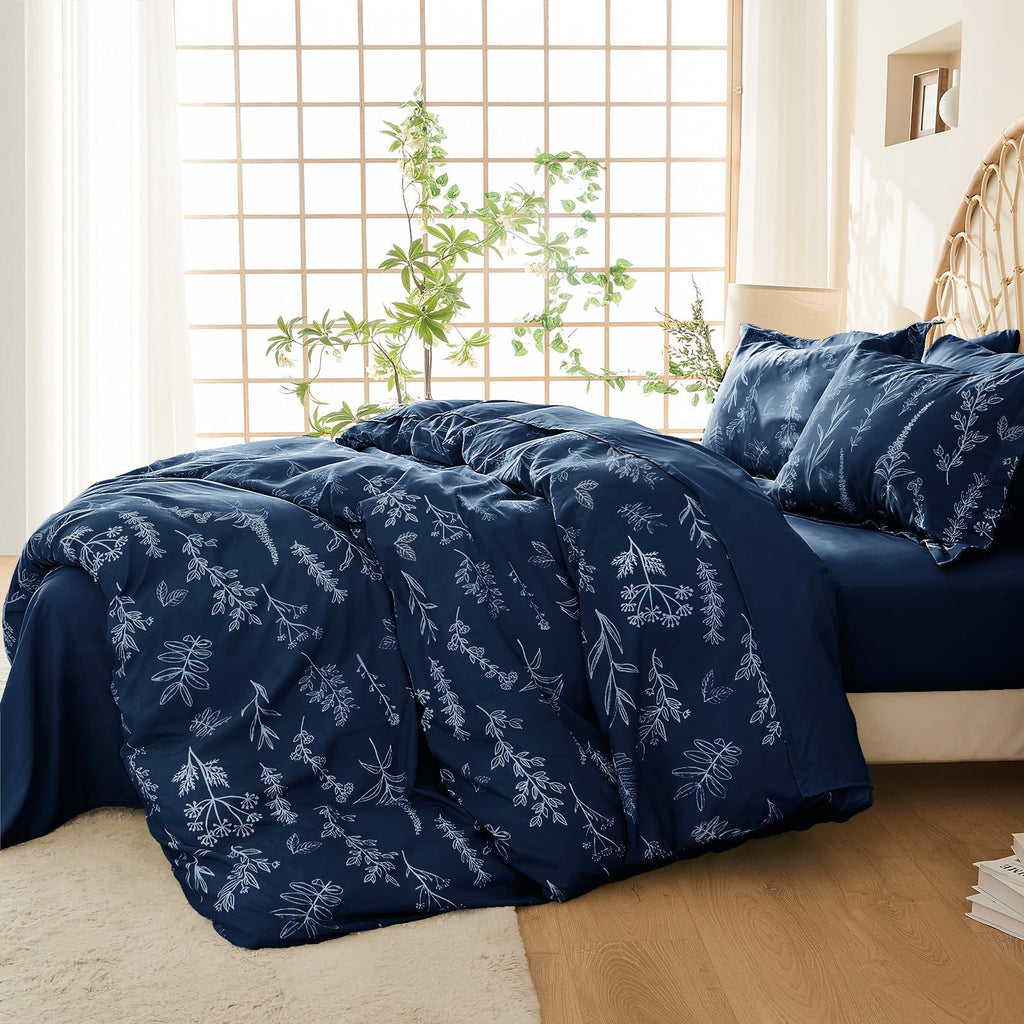 Muxhomo Navy Blue Bed In A Bag Queen 7 Pieces, Queen Comforter Set Reversible Botanical Flowers Design, Ultra Soft & Breathable