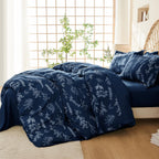 Muxhomo Navy Blue Bed In A Bag Queen 7 Pieces, Queen Comforter Set Reversible Botanical Flowers Design, Ultra Soft & Breathable