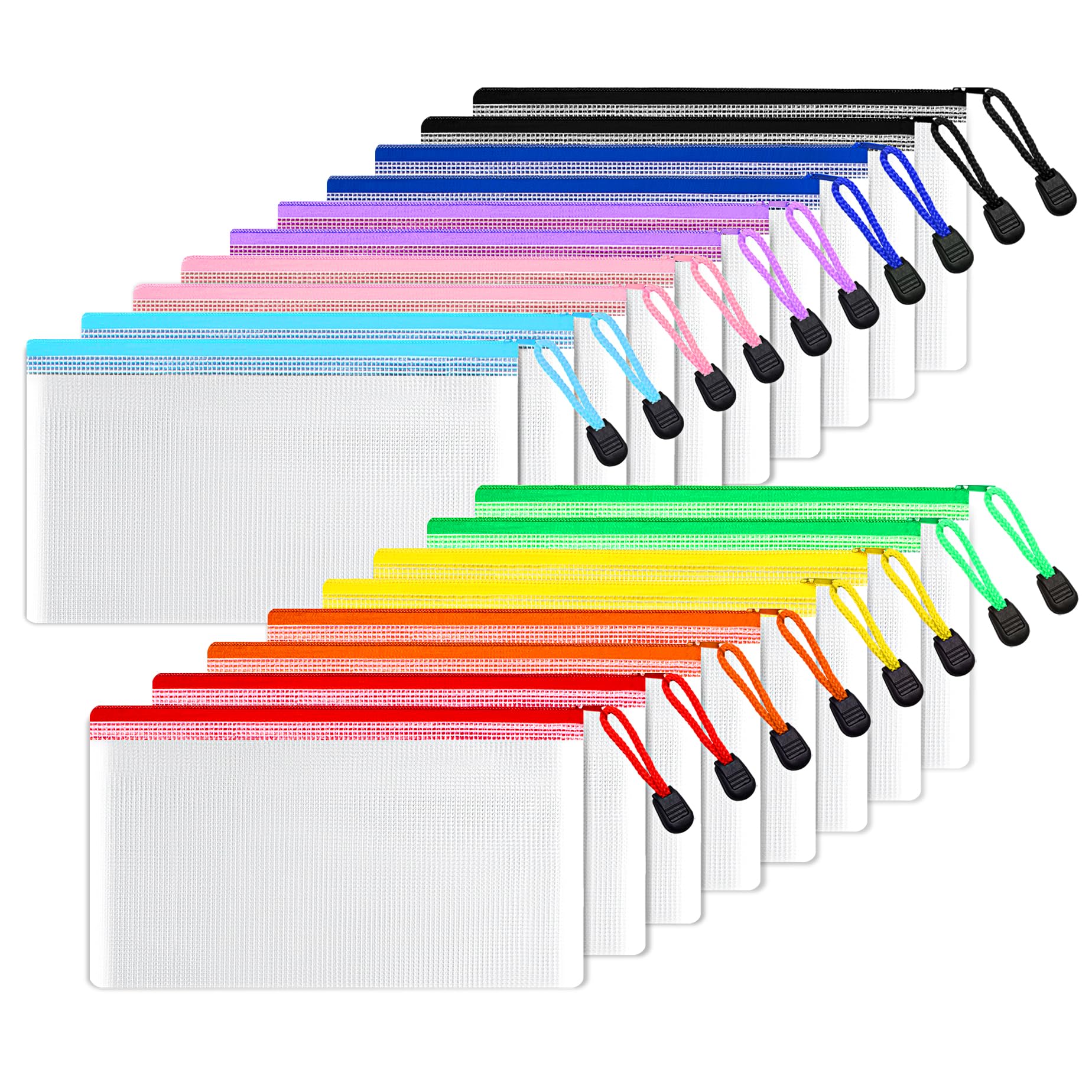 Sunee Plastic Mesh Zipper Pouch 7X11 In (9 Colors, 18 Packs),Extra Large Water-Resistant Zip Bag For School Office Supplies, Puz