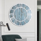 1st owned Wood Wall Clock - 24 Inch Blue Minimalist Roman Numbers Silent Non Ticking Decorative for Bedroom